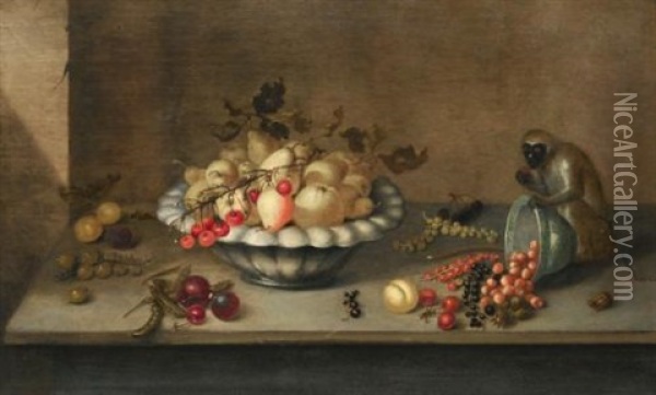 A Still Life Of Pears In A Bowl And Scattered Gooseberries, Cherries, Peas, Strawberries, Redcurrants, Blackcurrants And Hazelnuts On A Stone Ledge With A Chained Monkey Oil Painting - Johannes Bouman