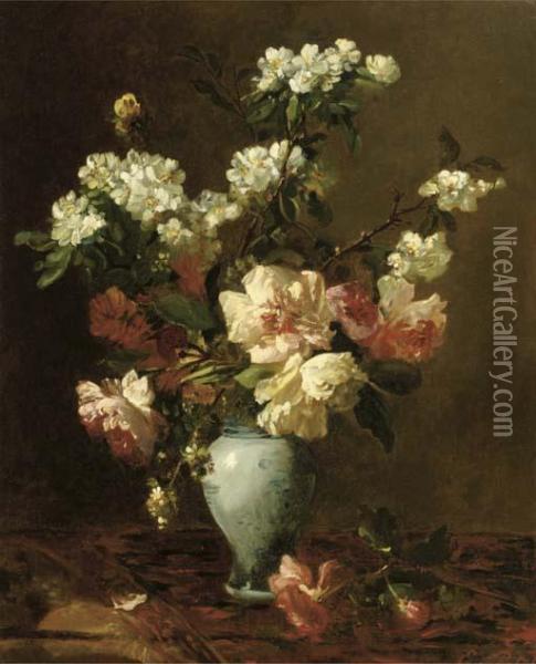 Blossom Branches And Peonies In A Vase Oil Painting - Eugene Petit