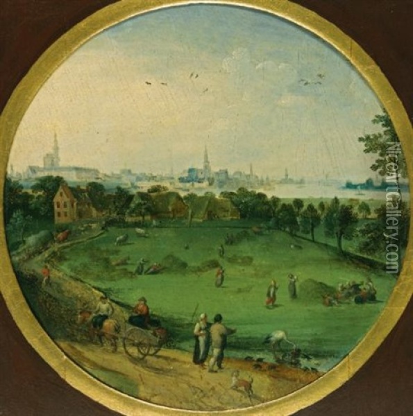 A Summer Landscape With Peasants Harvesting With A View Of Antwerp Beyond (+ A Winter Landscape With Peasants On A Path; Pair) Oil Painting - Abel Grimmer