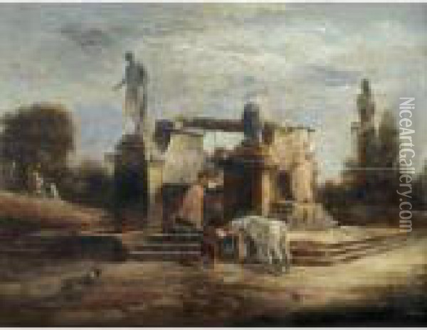 Lavandieres A La Fontaine Oil Painting - Hubert Robert