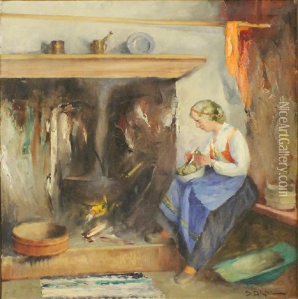 Woman Peeling Potatoes Sitting By Fireplace Oil Painting - Siegwald Johannes Dahl