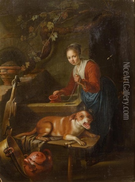 Woman With A Dog By A Well Oil Painting - Gerrit Dou