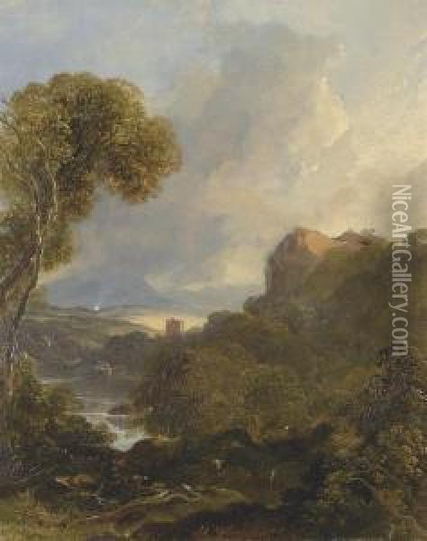 Deer In A Highland Landscape, A Mill Beyond Oil Painting - Horatio McCulloch