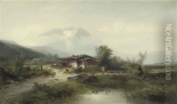 A Figure Before An Alpine Chalet Oil Painting - Heinrich Hiller