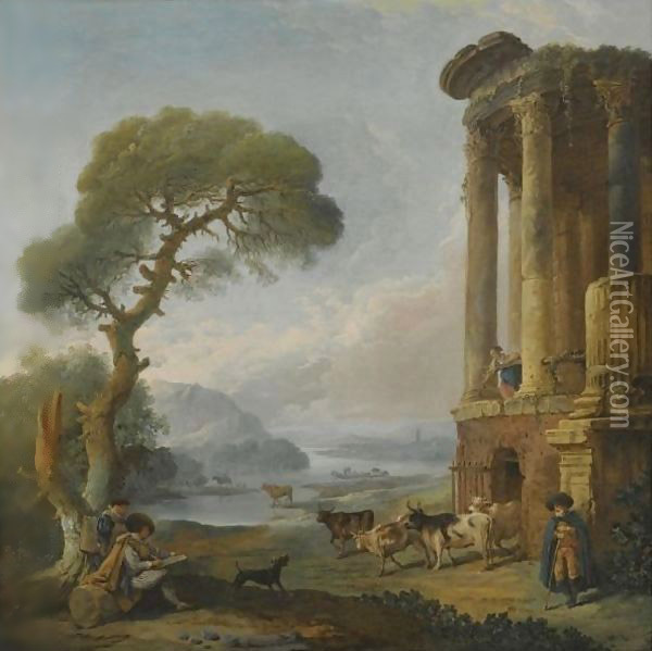 A River Landscape With An Artist Sketching Beneath A Ruined Temple, Possibly The Temple Of The Sibyl At Tivoli Oil Painting - Hubert Robert