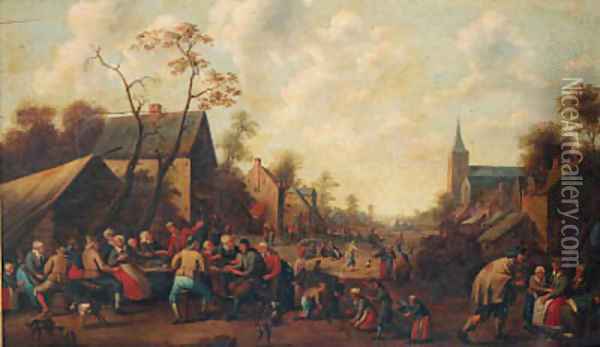 Peasants drinking and eating at tables in a village street Oil Painting - Joost Cornelisz. Droochsloot