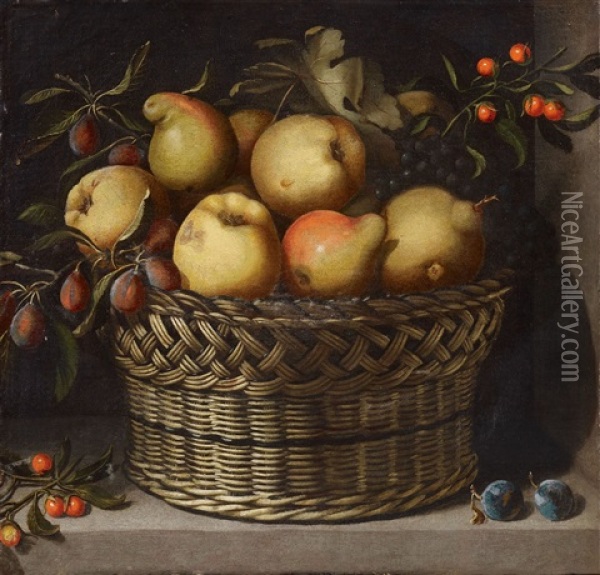 Still Life With Apples, Quinces, Plums, And Cherries In A Basket Oil Painting - Juan Van Der Hamen Y Leon