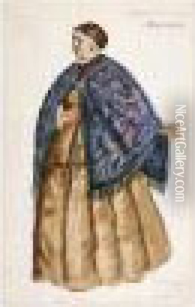 Costume Design For Afimia, An Elderly Peasant Woman With Blue Shawl Oil Painting - Boris Kustodiev