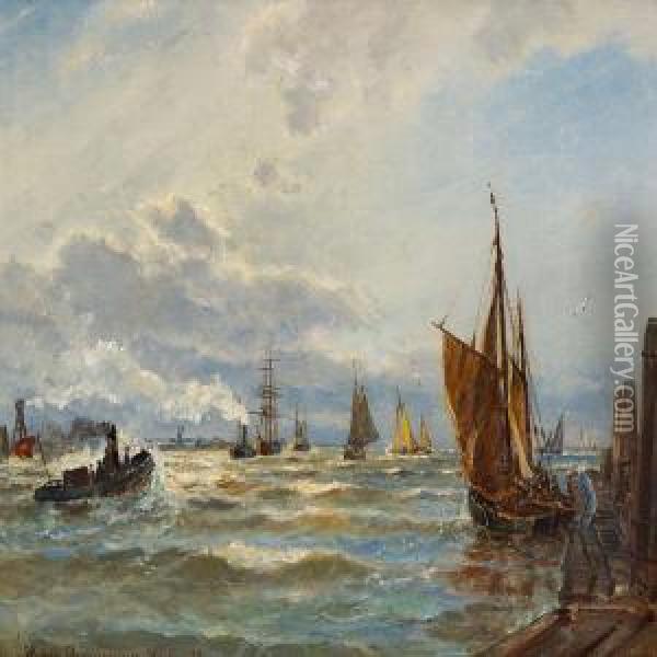 Numerous Ships On The Elbe River Near Hamburg Oil Painting - Holger Drachmann