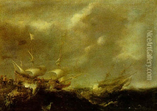 Dutch Ships Off The Coast In Heavy Seas Oil Painting - Bonaventura Peeters the Elder
