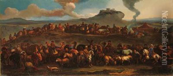 The Procession Of The Grand Vizier Into Constantinople; And Acaravanserai Oil Painting - Ernesto, Monsu Daret