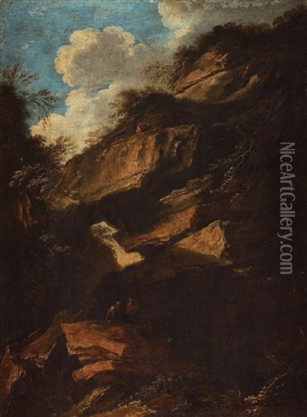Rocky Landscape With Two Figures Oil Painting - Salvator Rosa