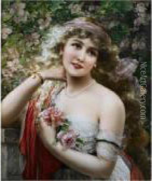 Young Lady With Roses Oil Painting - Emile Vernon