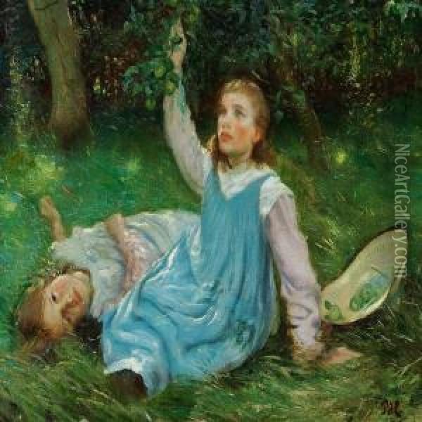 To Little Girls In Light Summer Dresses Under A Shadowy Tree Oil Painting - Peter Marius Hansen