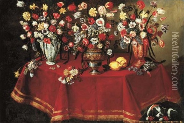 Arrangements Of Flower Bouquets In A Majolica Vase, A Sculpted Pewter And Bronze Urn And A Ceramic Ewer On A Draped Octagonal Table With Two Lemons And Other Flowers, With A Dog Resting Oil Painting - Giuseppe Recco