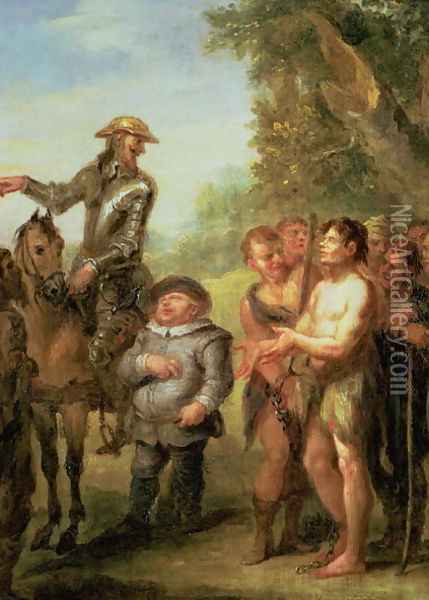 Don Quixote frees the galley slaves, from Cervantes Don Quixote Oil Painting - John Vanderbank