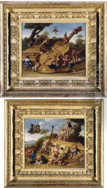 Grotesque Figures Playing Over-sized Musical Instruments In Landscapes (pair) Oil Painting - Faustino Bocchi