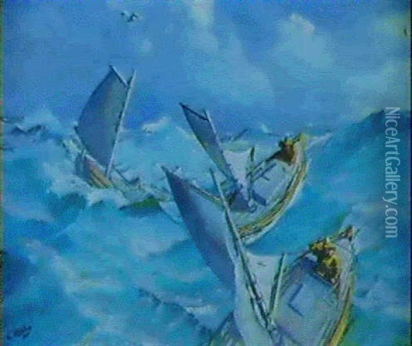 Marine Med Fiskerbade, Frisk Vejr Oil Painting - Christian Krohg