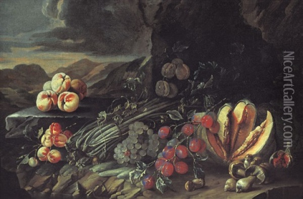 Natura Morta Con Frutta E Verdura Entro Paesaggio Oil Painting - Giovanni Paolo Castelli (lo Spadino)