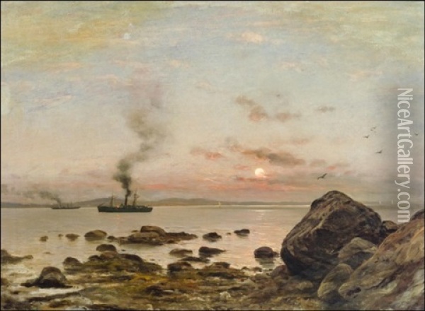 Hoyrylaivoja Iltahamarassa - Angbatar I Kvallsskymningen Oil Painting - Berndt Adolf Lindholm