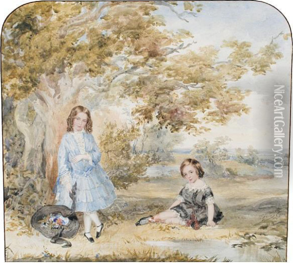 Two Girls Resting Under A Tree; Childrenriding A Pony, A Pair Oil Painting - J. Fisher