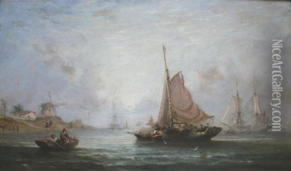 Fishing Boats And Other Vessels In Coastal Waters At Sunset Oil Painting - William Calcott Knell