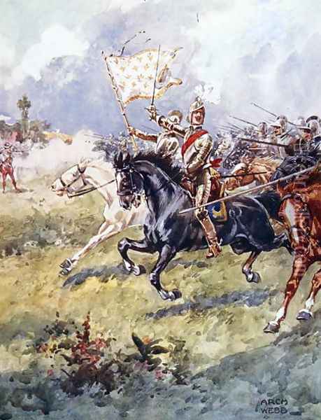 A thousand knights are pressing close behind, illustration from Ballads of Famous Fights, c.1900 Oil Painting - Archibald Webb