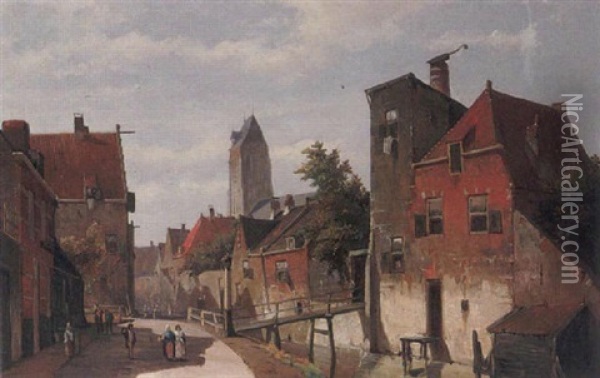 Figures By Canal In A Dutch Town Oil Painting - Willem Koekkoek