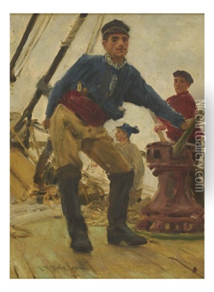 At The Capstan - On A Spanish Brig, 1889 Oil Painting - Henry Scott Tuke