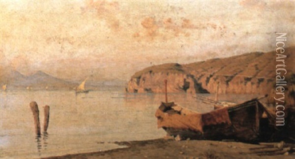 Fishing Boats On The Shore, Naples Oil Painting - Giuseppe Carelli