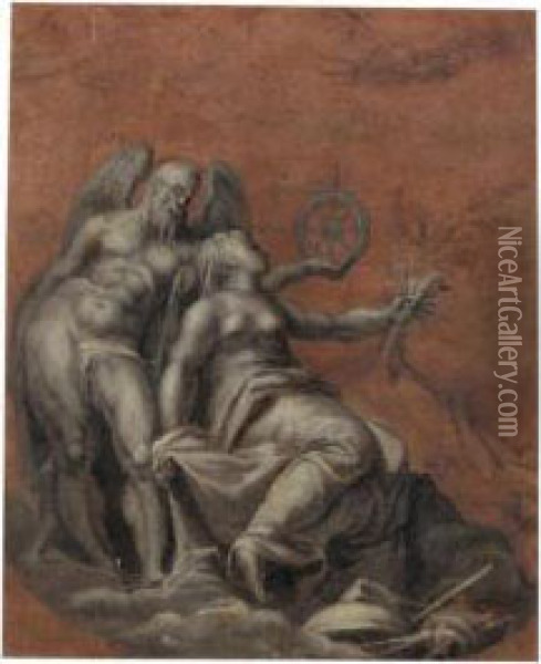 Allegorical Figures Of Time, Peace And Fame Oil Painting - Giovanni Battista Zelotti