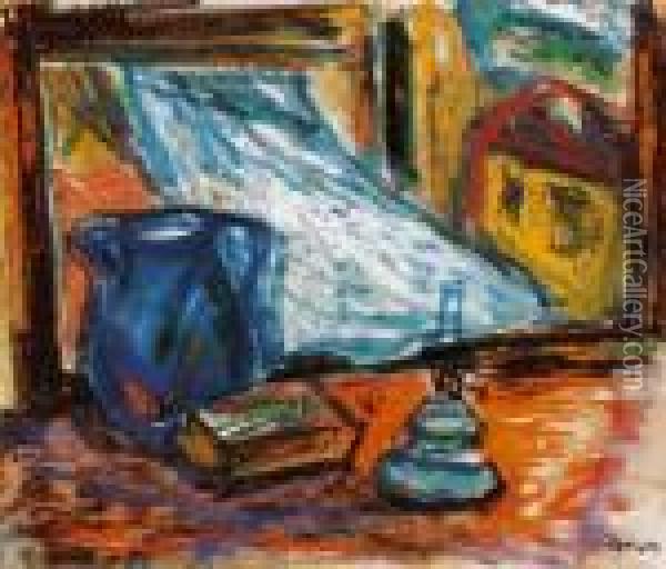 Still Life With A Lamp And A Fluttering Curtain In Szentendre Oil Painting - Imre Amos
