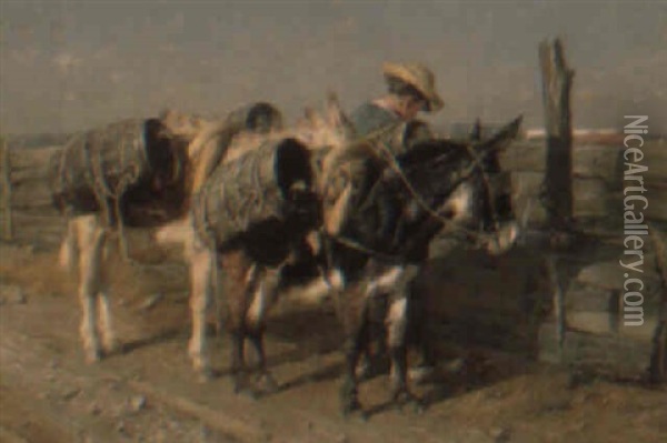 Junge Mit Eseln Am Brunnen Oil Painting - Friedrich Eckenfelder