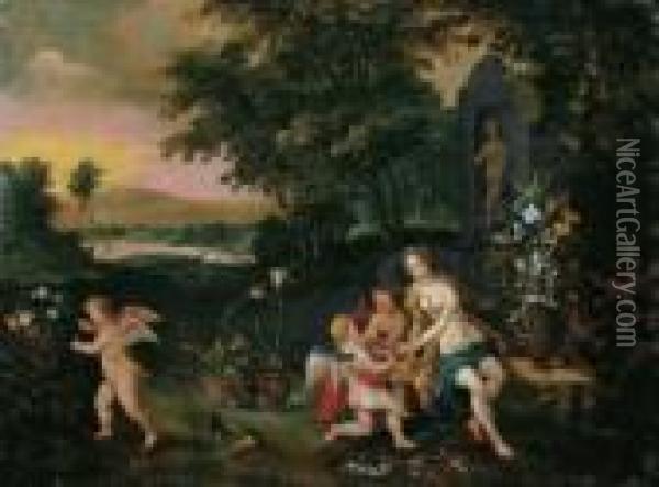 Flora Mit Putten In Einer Parklandschaft. Ol Auf Kupfer. H 40; B 54 Cm. Gutachten K. Oil Painting - Jan Brueghel the Younger