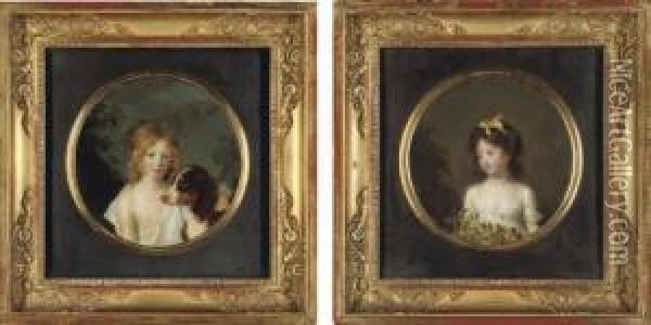 Portrait Of John Archer, 
Half-length, In A White Shirt, With A Dog By His Side; And Portrait Of 
Madame Auguste Rosset, Nee Anna Archer, Aged 8, Half-length, In A White 
Dress, A Yellow Ribbon In Her Hair, Holding An Apple Branch Oil Painting - Firmin Massot