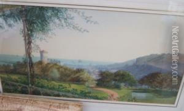 View Across A Park Near A Coastal Town Oil Painting - A Moberly