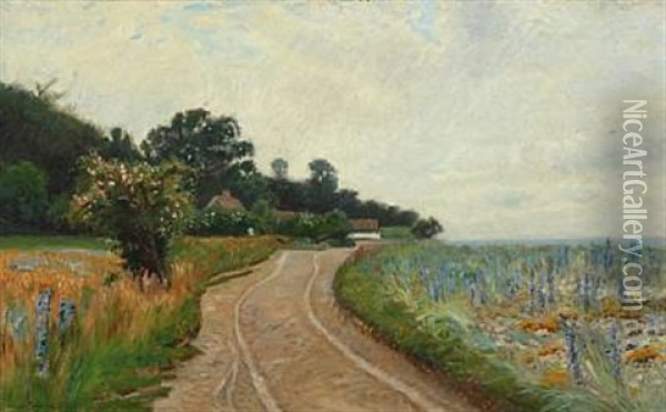 Landscape With Road And Flowering Fields Oil Painting - Olaf Viggo Peter Langer