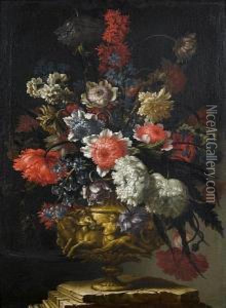 Peonies, Convolvulus And Other 
Flowers In Agolden Vase Decorated With A Classical Low-relief, On A 
Stonepedestal Oil Painting - Andrea Scaccati