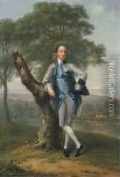 Portrait Of Thomas Bateman Lane 
(b. 1735), Small Full-length, In Agrey Suit With A Blue Waistcoat, 
Holding A Tricorn In His Lefthand, Leaning On A Tree Stump, In A River 
Landscape With The Seabeyond Oil Painting - Arthur Devis