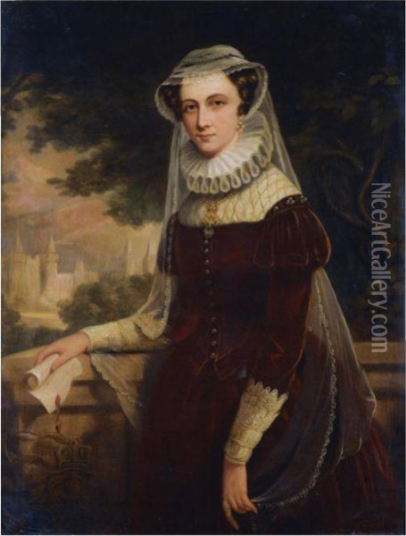 Mary Queen Of Scots, With Holyrood Palace Beyond Oil Painting - John Horsburgh