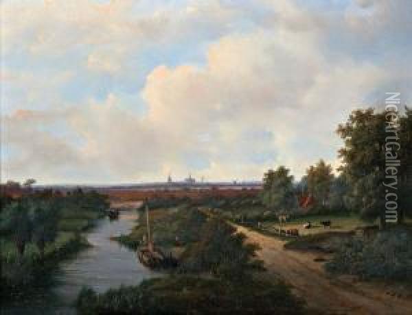 Weids Zomerlandschap Met Haarlem Aan De Horizon Oil Painting - Johannes Josephus Van Mulken