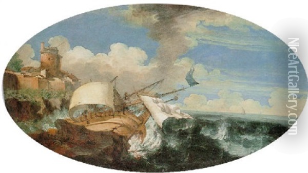 Ships In A Storm Off A Rocky Coast Oil Painting - Bartolomeo Pedon
