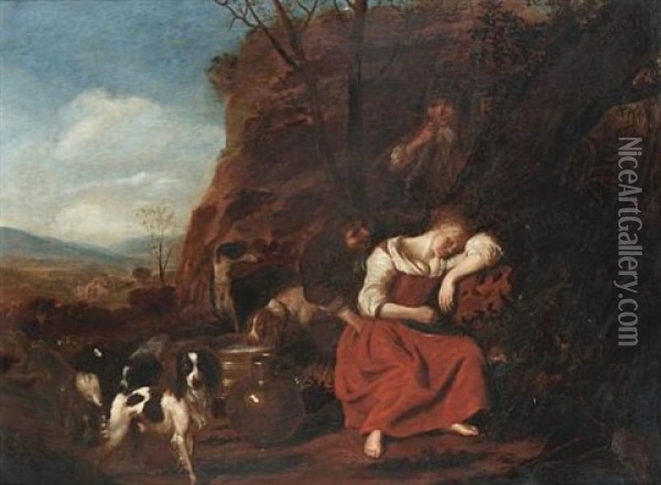 Two Men Trying To Wake A Sleeping Shepherdess With Spaniels And A Lurcher Nearby Oil Painting - Adriaen Cornelisz Beeldemaker