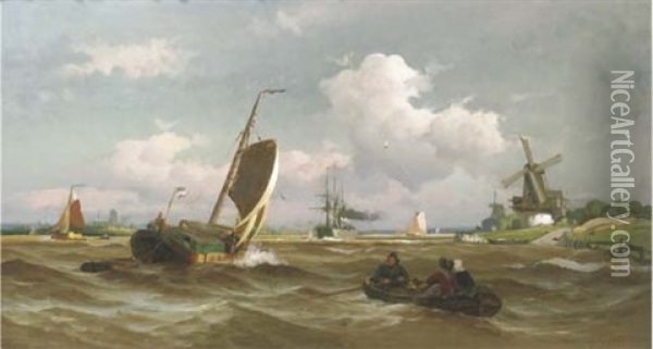 Shipping On A Dutch River Oil Painting - Viggo Fauerholdt