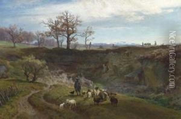 Landscape With Sheep And Herdsmen And A View Into The Mountains Oil Painting - Johann Gottfried Steffan