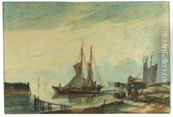 Fishing Boats Moored By A Jetty, Tradesmen And A Horse-drawn Carton The Beach Oil Painting - Hendrik Gerrit ten Cate