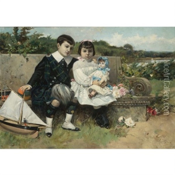Two Children Seated On A Park Bench Oil Painting - Mariano Barbasan Lagueruela