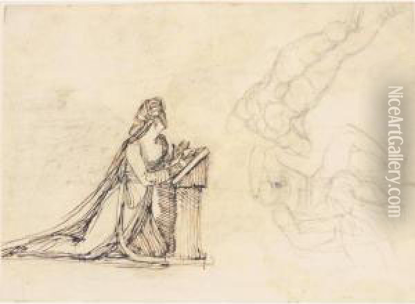 A Lady Kneeling At A Prie Dieu 
And Studies Of Two Nudes (recto); A Striding Nude And Lovers Embracing 
(crossed Out) ( Verso) Oil Painting - Johann Henry Fuseli