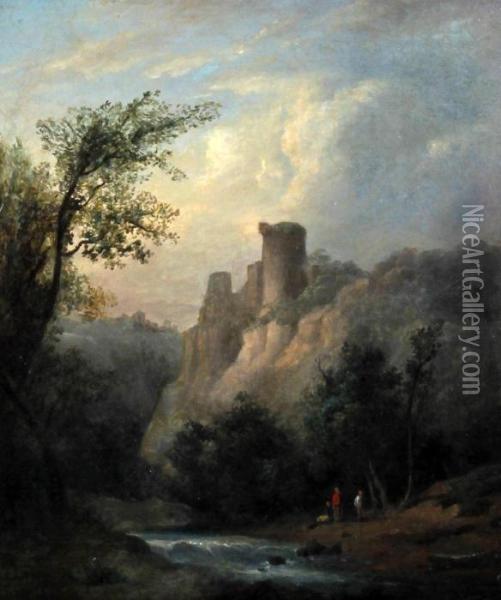 Landscape With River, Castle And Figures Oil Painting - Richard Wilson