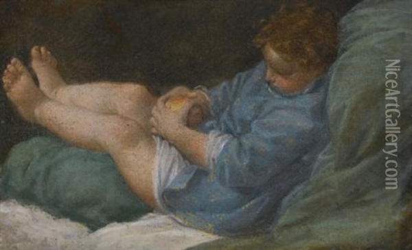 A Sleeping Boy Holding An Apple Oil Painting - Donato Creti